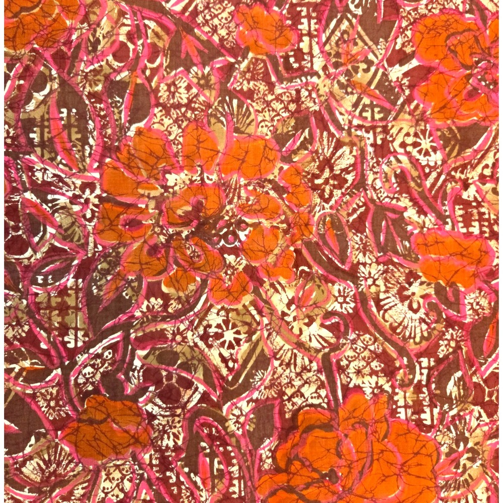 Vtg Fruit of the Loom Mid Century Orange Red Floral Batik Quilting Fabric 36x110